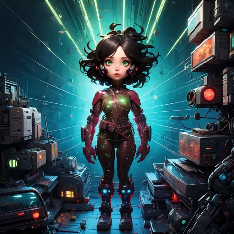 [buzimage]
masterpiece, absurdres, best quality, best aesthetic, intricate details, (1girl, full body:1.3), solo, (green eyes, black hair:1.2), cowboy shot, turning head, parted lips, earpiece, (shining eyes:1.1), (biopunk:1.5)
