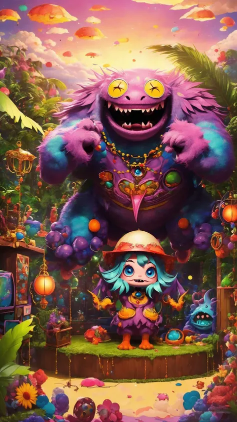 (8k, RAW photo, best quality, masterpiece:1.4),
3dcharacter, cute, (a colorful monster:1.4), (teeth, claws), cute eyes,
cloud, waves, jungle background,