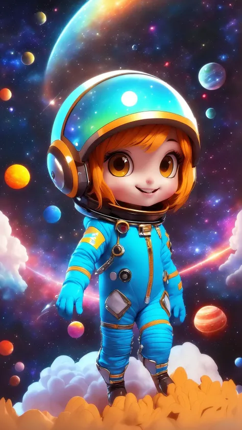 (8K, masterpiece, best quality:1.5),
3dcharater, Chibi, cute, 1girl, solo, smile,
(full body), (colorful spacesuit:1.4), (helmet, gloves), ((dynamic poses)),
waves, cloud, (space background),