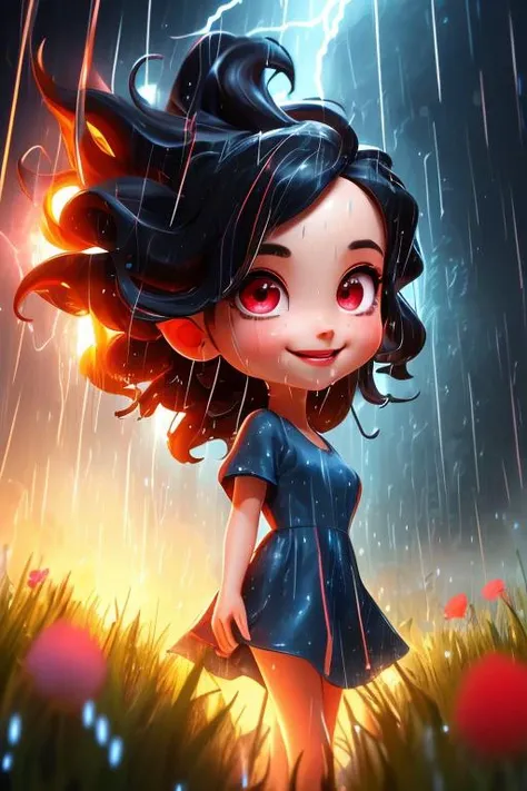 3dcharacter, (masterpiece), best quality, expressive eyes, perfect face, girl, outdoor, rain, night, light, field, wind, smile, dress, upper body, Lightning, thunder, Heavy rain, torrential rain, red eyes, black hair