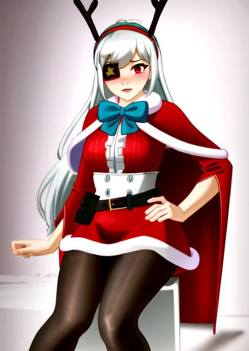 1girl, solo, christmas, long hair, eyepatch, fur trim, red eyes, santa costume, antlers, capelet, bow, hairband, looking at viewer, white hair, simple background, red capelet, pantyhose, belt, grey hair, smile, black pantyhose, fur-trimmed capelet, fake antlers, white background, dress, long sleeves, bangs, skirt, blush, bowtie, closed mouth, upper body, star (symbol), open mouth, frills, reindeer antlers, breasts, standing, cape, red dress, medium breasts, pink background, , hand on hip, sitting, high heels, red skirt, long_hair,<lora:reinaFortnite-09:0.6> <lora:kairunoborugu_v1:0.9> <lora:Kairunoburogu:0.2>