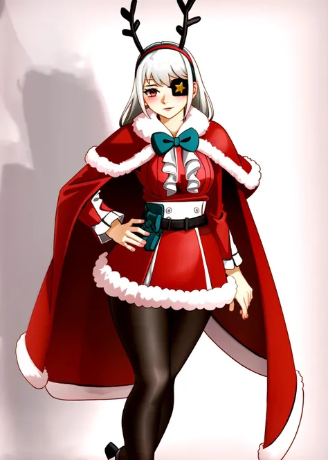 1girl, solo, christmas, long hair, eyepatch, fur trim, red eyes, santa costume, antlers, capelet, bow, hairband, looking at viewer, white hair, simple background, red capelet, pantyhose, belt, grey hair, smile, black pantyhose, fur-trimmed capelet, fake antlers, white background, dress, long sleeves, bangs, skirt, blush, bowtie, closed mouth, upper body, star (symbol), open mouth, frills, reindeer antlers, breasts, standing, cape, red dress, medium breasts, pink background, , hand on hip, sitting, high heels, red skirt, long_hair,<lora:reinaFortnite-09:0.6> <lora:kairunoborugu_v1:0.9> <lora:Kairunoburogu:0.2>