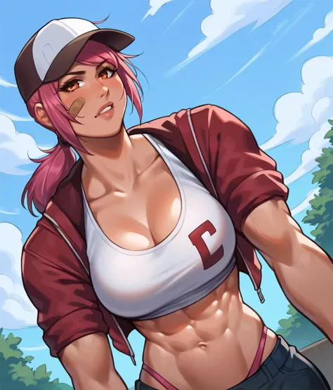 uploaded e621, score_9, score_8_up, score_7_up, score_6_up, score_5_up, score_4_up, rating_questionable, <lora:Smooth Style 2 SDXL_LoRA_Pony Diffusion V6 XL:0.8>, smooth, source_furry, by roly, by joelasko, {realistic}, HUMAN, <lora:LeahAirisubakaPDXL_V1-Manityro-adamw:0.9>, LeahAirisubaka, toned, abs, ponytail, baseball cap, bandaid on cheek, pink thong, midriff, navel,