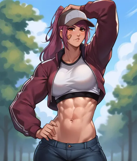 uploaded e621, score_9, score_8_up, score_7_up, score_6_up, score_5_up, score_4_up, rating_questionable, <lora:Smooth Style 2 SDXL_LoRA_Pony Diffusion V6 XL:0.8>, smooth, source_furry, {realistic}, HUMAN, <lora:LeahAirisubakaPDXL_V1-Manityro-adamw:0.9>, LeahAirisubaka, toned, abs, ponytail, baseball cap, bandaid on cheek, midriff, navel,