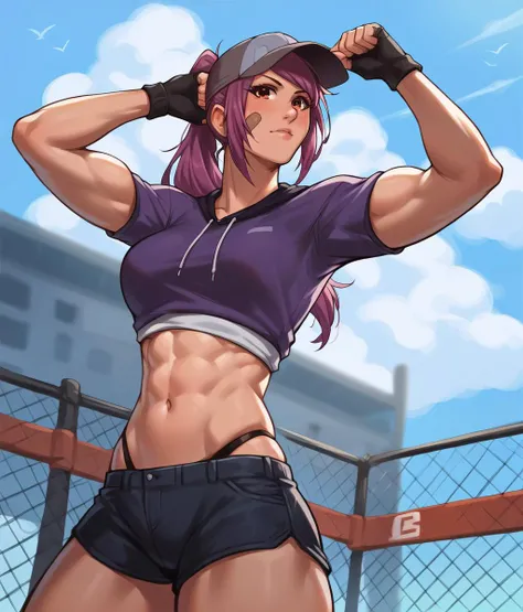 uploaded e621, score_9, score_8_up, score_7_up, score_6_up, score_5_up, score_4_up, rating_questionable, <lora:Smooth Style 2 SDXL_LoRA_Pony Diffusion V6 XL:0.8>, smooth, source_furry, {realistic}, HUMAN, <lora:LeahAirisubakaPDXL_V1-Manityro-adamw:0.9>, LeahAirisubaka, toned, abs, ponytail, baseball cap, bandaid on cheek, midriff, navel,