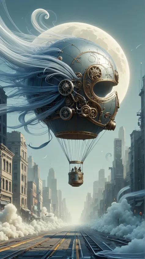 <lora:ElementWindSDXL:1>ElementWind hot air balloon, vintage, time-travel, steampunk, brass, gears, leather, old-fashioned lanterns, moonlit sky, clouds, misty, floating, mysterious, intricate, detailed, magical, whimsical, atmospheric, enchanting, detailed, vibrant colors, dramatic lighting, concept art, illustration, artstation, wallpaper, splash art, promo art,dreary realism portrait of masked diesel punk helmet on the art deco streets of the big city, artstation, award - winning realistic sci - fi concept art by jim burns and greg rutkowski, beksinski, a realism masterpiece, muted color palette, james gilleard, bruegel, alphonse mucha, and yoshitaka amano wind, blowing ethereal streaks, (Masterpiece:1.3) (best quality:1.2) (high quality:1.1)