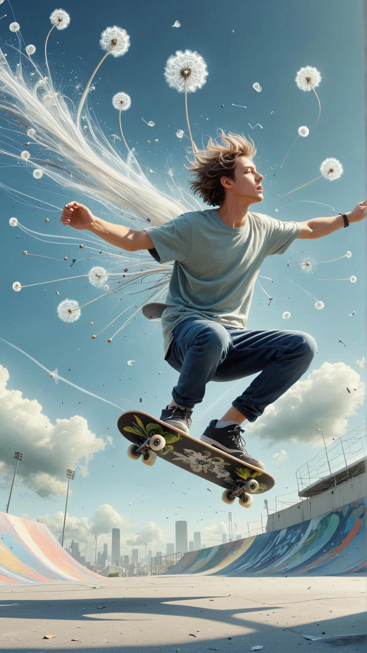 <lora:ElementWindSDXL:1>ElementWind a skateboarder executing a complex trick at an urban skatepark,A surrealistic painting of dandelion wishes floating in the breeze, upside down world, the fragile balance of nature, soft pastel colors, watercolor style, whimsical, with a dreamlike atmosphere, floating seeds, detailed textures, soft lighting, clouds and sky in the background, a sense of calm and serenity wind, blowing ethereal streaks, gusts of wind, (Masterpiece:1.3) (best quality:1.2) (high quality:1.1)