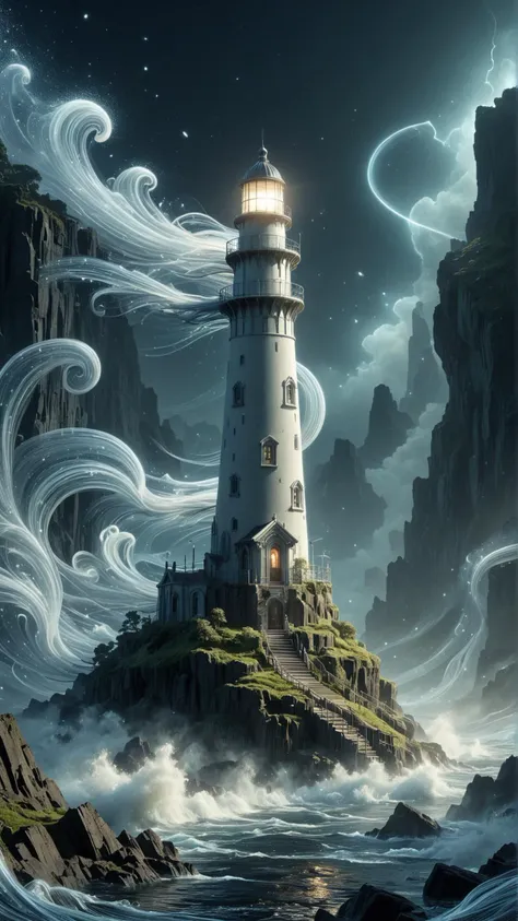 <lora:ElementWindSDXL:1>ElementWind a lighthouse beam cutting through the night, revealing various landscapes,Fantasy illustration of a hidden world beneath the surface, glowing flora and fauna, shimmering water, towering stalagmites, bioluminescent details, mystical atmosphere, intricate crystal formations, misty ambiance, ethereal lighting, detailed close-ups, macro photography, lush and vibrant colors, moody and enchanting wind, blowing ethereal streaks, gusts of wind, (Masterpiece:1.3) (best quality:1.2) (high quality:1.1)