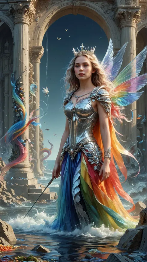 <lora:ElementWindSDXL:1>ElementWind girl wearing a sequined rainbow-colored cape, tiara, and carrying a diamond-encrusted handbag, with a pet unicorn on a leash,Realistic oil painting of a sunken city with a dragonfly with kaleidoscopic wings, grand architecture, crumbling pillars, lost treasures, overgrown with colorful corals, seaweed, fish and other marine life, warm underwater light, clear water, dynamic composition, vibrant colors, detailed, dreamlike, surreal, intricate, ornate, detailed, masterful, breathtaking, captivating, awe-inspiring, evocative, emotional, inspiring, thought-provoking, meaningful, significant, valuable, precious, rare, unique, one-of-a-kind, masterpiece, timeless, classic wind, blowing ethereal streaks, gusts of wind, (Masterpiece:1.3) (best quality:1.2) (high quality:1.1)