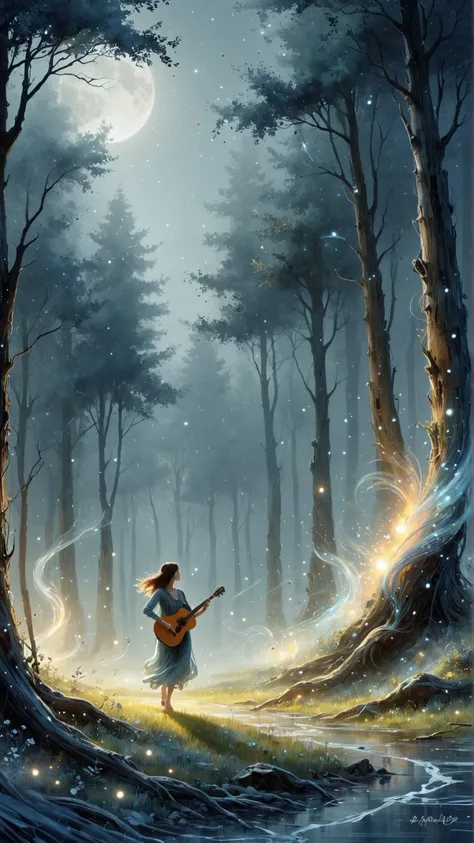 <lora:ElementWindSDXL:1>ElementWind Guitar slide,Moonlit night, forest clearing, fireflies, Japanese sumi-e style, dancing figures, pastel colors, glowing orbs, misty atmosphere, watercolor effect, loose brushwork, impressionistic, magical, whimsical, peaceful, serene, calming, ethereal, delicate, intricate, detailed, atmospheric, enchanting, beautiful wind, blowing ethereal streaks, (Masterpiece:1.3) (best quality:1.2) (high quality:1.1)