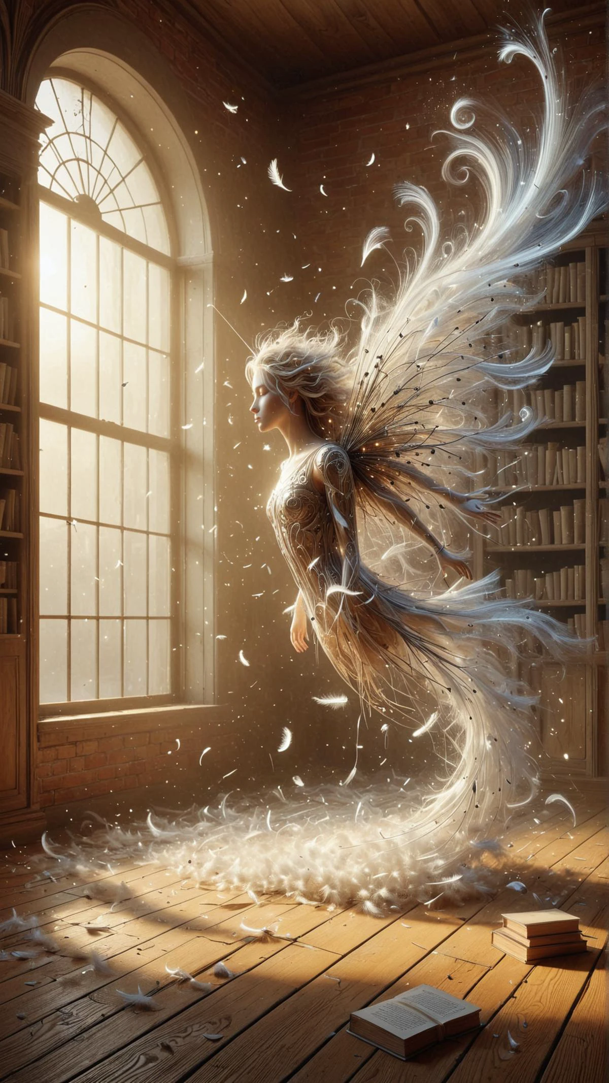 <lora:ElementWindSDXL:1>ElementWind fantasy digital art, dandelion wishes, wind, floating dandelion seeds, sunset, golden hour, warm colors, dust particles, old library, ancient books, dusty shelves, dim light, candle light, wooden floor, red brick walls, atmosphere, magical, surreal, detailed, vibrant, whimsical, intricate, dreamlike, concept art, illustration, artstation, wallpaper, promotional art, dramatic lighting, soft shadows,unicorn wind, blowing ethereal streaks, gusts of wind, (Masterpiece:1.3) (best quality:1.2) (high quality:1.1)