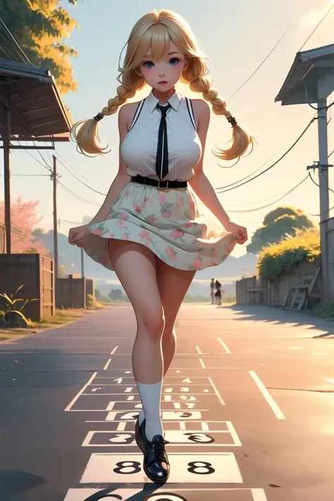 (masterpiece, best quality), 1girl, Golden Blonde Double French Braids, big breasts, <lora:girllikehopscotchV2:1> hopscotch, hopping, numbers in white large grid, fluttering floral skirt, black stocking, leather shoes, banyan, countryside, utility pole