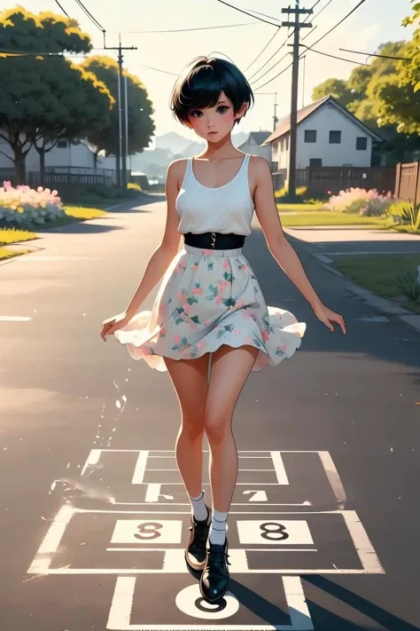 (masterpiece, best quality), 1girl,  Amarillo Pixie Cut with Tapered Sides, Size B breasts,  <lora:girllikehopscotchV2:1> hopscotch, hopping, numbers in white large grid, fluttering floral skirt, black stocking, leather shoes, banyan, countryside, utility pole