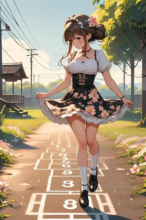 (masterpiece, best quality), 1girl,  Chestnut brown Bohemian Half-Updo with Flower Crown, Sizes I to L breasts,  <lora:girllikehopscotchV2:1> hopscotch, hopping, numbers in white large grid, fluttering floral skirt, black stocking, leather shoes, banyan, countryside, utility pole