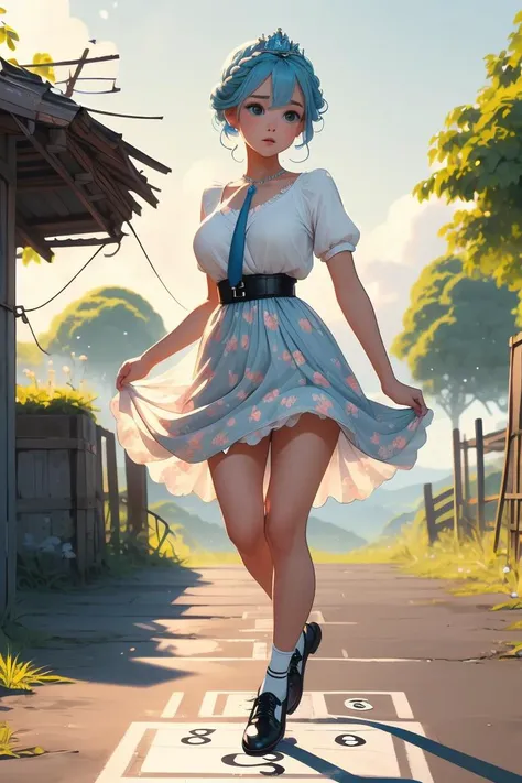 (masterpiece, best quality), 1girl, Sky blue Crown Braid Updo with Gem Accessories, Size C breasts, <lora:girllikehopscotchV2:1> hopscotch, hopping, numbers in white large grid, fluttering floral skirt, black stocking, leather shoes, banyan, countryside, utility pole