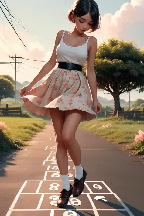 (masterpiece, best quality), 1girl,  Dusty Rose Short Comb-Over with Tapered Sides, small breasts,  <lora:girllikehopscotchV2:1> hopscotch, hopping, numbers in white large grid, fluttering floral skirt, black stocking, leather shoes, banyan, countryside, utility pole