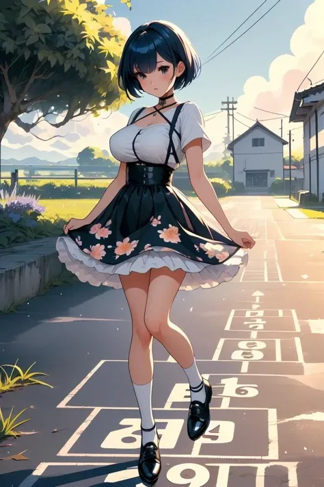 (masterpiece, best quality), 1girl,  Ultramarine Short Spiky Hair with Tapered Sides, Size A breasts,  <lora:girllikehopscotchV2:1> hopscotch, hopping, numbers in white large grid, fluttering floral skirt, black stocking, leather shoes, banyan, countryside, utility pole