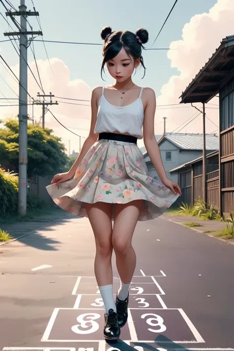 (masterpiece, best quality), 1girl, Violet Low Bun with Pearl Hairpin, flat chest, <lora:girllikehopscotchV2:1> hopscotch, hopping, numbers in white large grid, fluttering floral skirt, black stocking, leather shoes, banyan, countryside, utility pole