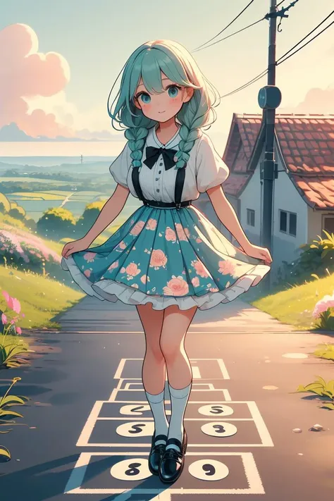 (masterpiece, best quality), 1girl,  Seafoam Dutch Fishtail Braid with Pearl Beads, Size A breasts,  <lora:girllikehopscotchV2:1> hopscotch, hopping, numbers in white large grid, fluttering floral skirt, black stocking, leather shoes, banyan, countryside, utility pole