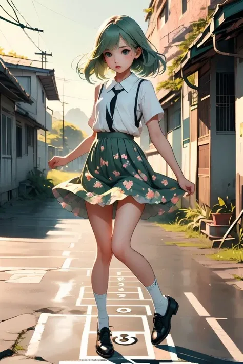 (masterpiece, best quality), 1girl,  Pale green Messy Comb-Over with, flat chest,  <lora:girllikehopscotchV2:1> hopscotch, hopping, numbers in white large grid, fluttering floral skirt, black stocking, leather shoes, banyan, countryside, utility pole