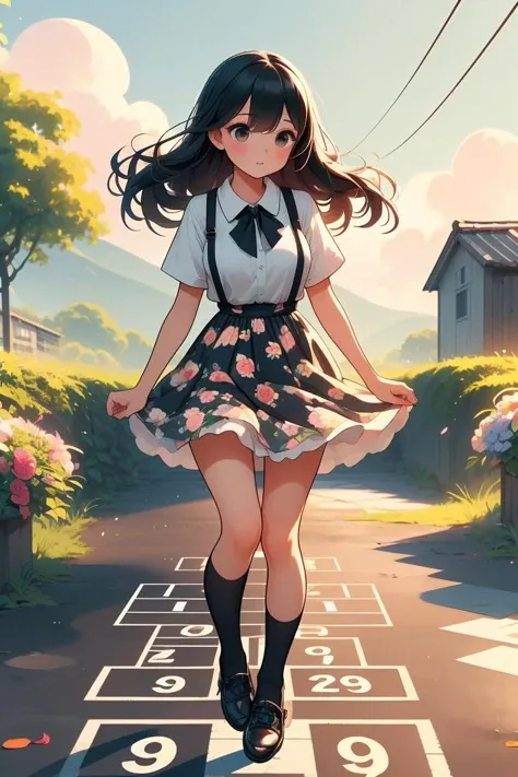 (masterpiece, best quality), 1girl,  Cinnamon Comb-Over with Fade, medium breasts,  <lora:girllikehopscotchV2:1> hopscotch, hopping, numbers in white large grid, fluttering floral skirt, black stocking, leather shoes, banyan, countryside, utility pole