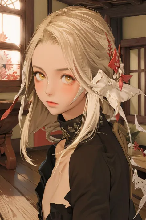 highres, masterpiece, perfect ligthing, bloom, cinematic lighting, skinny, petite, perfect skin, female, looking at viewer, upper body, close-up,(small breasts), blush,big yellow eyes, wooden house, wooden floor,photo \(object\), photo board, japanese indoors, <lora:Ares:0.7>,head, Ares, <lora:sd-No.118:0.3>,