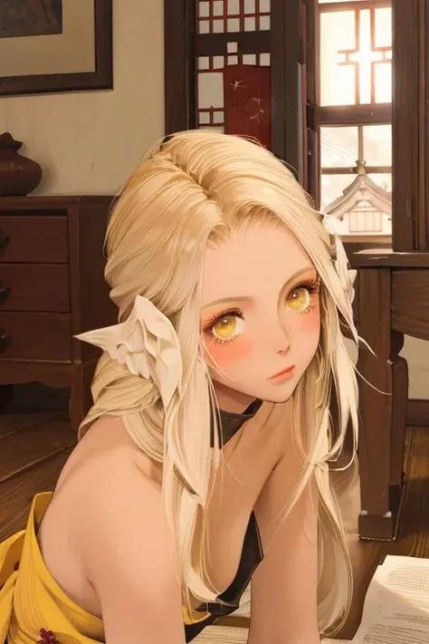 highres, masterpiece, perfect ligthing, bloom, cinematic lighting, skinny, petite, perfect skin, female, looking at viewer, upper body, close-up,(small breasts), blush,big yellow eyes, wooden house, wooden floor,photo \(object\), photo board, japanese indoors, <lora:Ares:0.7>,Ares