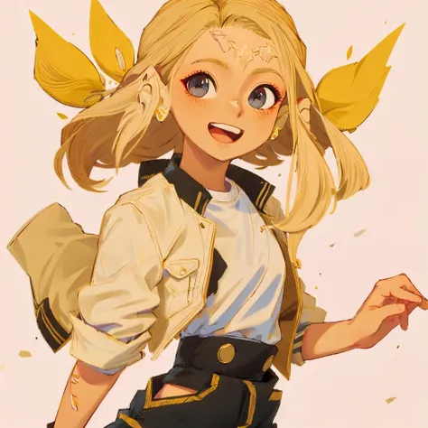 (masterpiece, best quality:1.2), (ultra-detailed), (white background:1.2), solo,blonde hair, yellow eyes, (white t-shirts, white denim jacket, black shorts, high-waist), happy, giddy, looking at viewer, (Ares:1.2) ,<lora:Ares_v2:1>, covered_ears