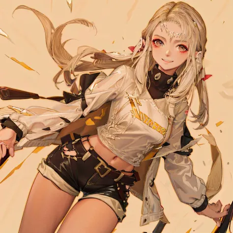 (masterpiece, best quality:1.2), (ultra-detailed), (white background:1.2),cowboy shot, solo, blonde hair, (yellow eyes), (white t-shirts, white denim jacket, black shorts, high-waist), smile, giddy, looking at viewer, (Ares:1.2) ,<lora:Ares_v2:1>, covered_ears