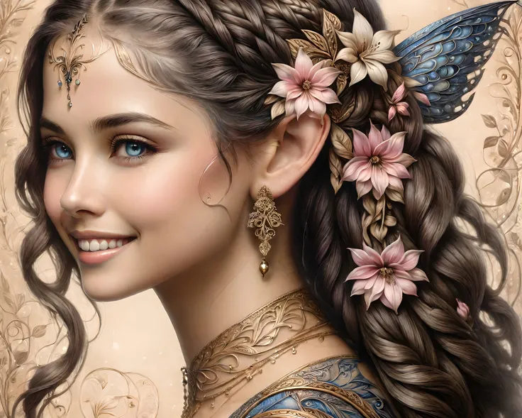 pencil drawing <lora:ral-epochelves-sdxl:1>,ral-epochelves,(sepia),looking over shoulder,dark hair,a hyper detailed close up portrait of a beautiful seductive smiling fairy with braids,old pink and gold,flowers in the backround,complex composition,illustration,drawing,art,cinematic,16K,detailing,trending on artstation,watercolor,sharp focus,studio photo,intricate details,highly detailed,by greg rutkowski,Nicoletta Ceccoli,<lora:xl_more_art-full_v1:0.6>,<lora:DonMF41ryW1ng5XL:0.7>,<lora:add-detail-xl:1>,