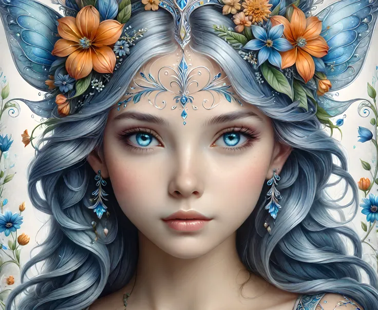 a hyper detailed close up head and shoulders portrait of a beautiful fairy,flowers,complex composition,illustration,drawing,art,cinematic,16K,detailing,trending on artstation,watercolor,sharp focus,studio photo,intricate details,highly detailed,by greg rutkowski,Nicoletta Ceccoli,ral-epochelves