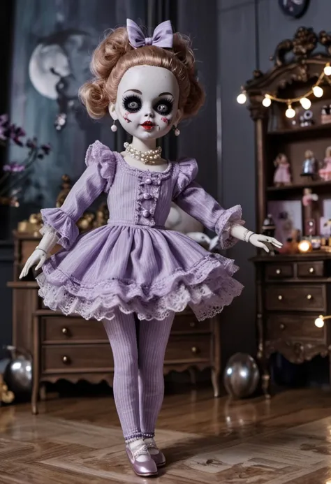 (medium full shot) of a creepy possessed (endearing doll) dressed in a lavender lace top, striped leggings, ballet flats, glitter eyeshadow, pearl earrings, dancing at a party, located in a stylish dollhouse, featuring modern rooms, chic furniture, trendy decorations, fashionable dolls, in the afternoon, (at midnight), spectral light, terrifying and horrifying atmosphere, ,Masterpiece,best quality, photo, realistic, very aesthetic
