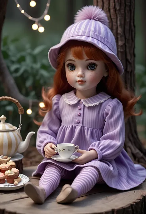 (medium full shot) of (charming doll) dressed in a lavender vintage tunic, striped leggings, ballet flats, cute freckles, woolen hat, having a tea party, located in a magical picnic, featuring twinkling lights, enchanting snacks, whimsical toys, a lovely afternoon , ,Masterpiece,best quality, raw photo, realistic, very aesthetic, dark