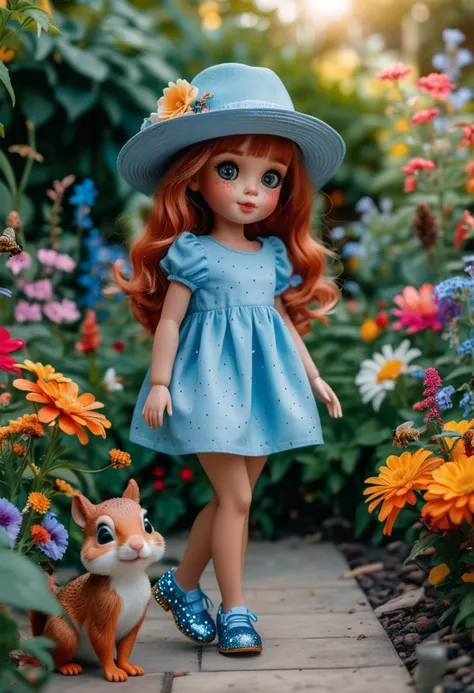 (medium full shot) of (adorable doll) dressed in a sky blue mini dress, glitter shoes, cute freckles, stylish hat, posing for a photo, located in a vibrant garden, with lively flowers, colorful plants, playful squirrels, cheerful bees, in the afternoon, ,Masterpiece,best quality, raw photo, realistic, very aesthetic