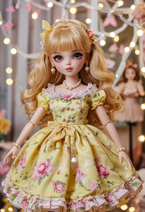 (medium full shot) of (lovely doll) dressed in a pastel yellow floral dress, bow decorated shoes, glitter eyeshadow, pearl earrings, posing for a photo, located in a whimsical party, featuring fairy lights, enchanting music, magical games, excited dolls, in the afternoon, ,Masterpiece,best quality, photo, realistic, very aesthetic