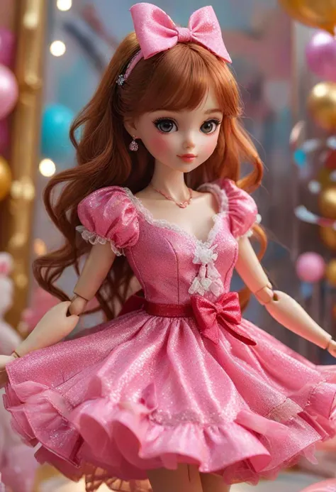 (medium full shot) of (delightful doll) dressed in a pink party dress, mary janes, glitter eyeshadow, matching bow, dancing at a party, located in a vibrant party, featuring bright decorations, lively music, fun games, dancing dolls, in the morning, ,Masterpiece,best quality, photo, realistic, very aesthetic