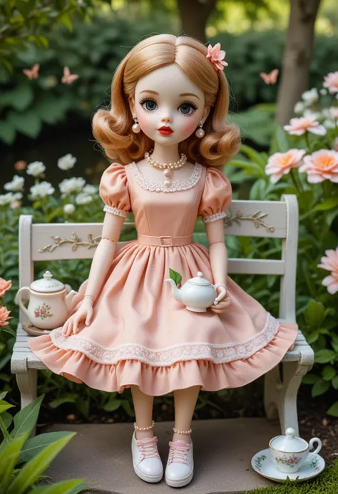 (medium full shot) of (whimsical doll) dressed in a peach vintage dress, cute sneakers, glossy lips, pearl earrings, having a tea party, located in a peaceful garden, featuring serene ponds, gentle flowers, fluttering butterflies, tranquil benches, in the afternoon, Masterpiece,best quality, photo, realistic, very aesthetic,