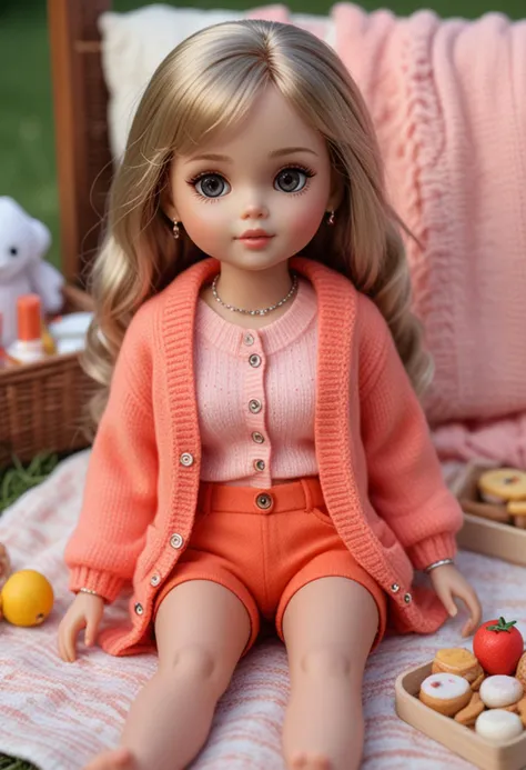 (medium full shot) of (adorable doll) dressed in a coral stylish cardigan, short pants, miniature sandals, glitter eyeshadow, charm bracelet, enjoying a picnic, located in a cozy picnic, with warm blankets, homemade snacks, cute toys, a relaxing afternoon , Masterpiece,best quality, photo, realistic, very aesthetic,