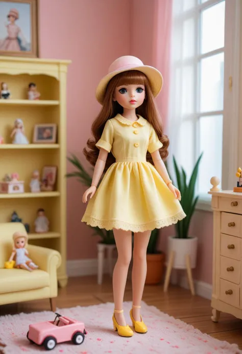 (medium full shot) of (lovely doll) dressed in a pastel yellow mini dress, mary janes, rosy cheeks, stylish hat, playing with toys, located in a stylish dollhouse, featuring modern rooms, chic furniture, trendy decorations, fashionable dolls, Masterpiece,best quality, photo, realistic, very aesthetic,