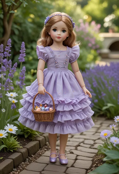 (medium full shot) of (delightful doll) dressed in a lavender ruffled dress, ballet flats, glitter eyeshadow, carrying a miniature basket, playing with toys, located in a peaceful garden, featuring serene ponds, gentle flowers, fluttering butterflies, tranquil benches, Masterpiece,best quality, photo, realistic, very aesthetic,