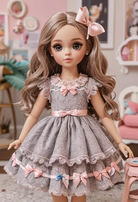 (medium full shot) of (charming doll) dressed in a light gray lace dress, glitter shoes, glitter eyeshadow, matching bow, posing for a photo, located in a charming playroom, with pastel colors, cute furniture, lovely decorations, engaging toys, ,Masterpiece,best quality, photo, realistic, very aesthetic