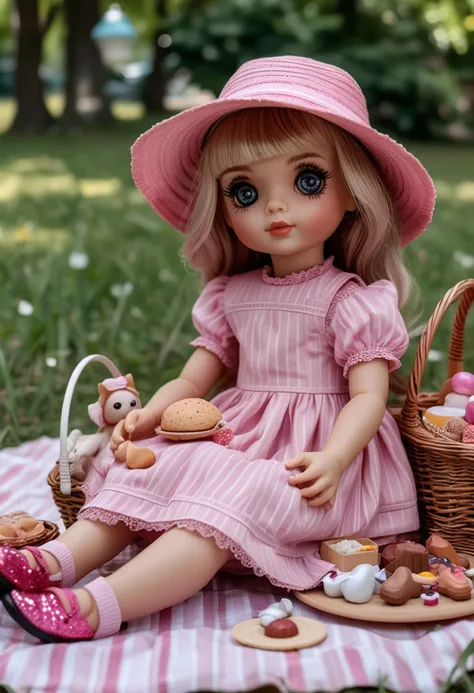 (medium full shot) of (whimsical doll) dressed in a pink midi dress, striped shoes, glitter eyeshadow, sun hat, playing with toys, located in a charming picnic, with quaint baskets, tasty treats, adorable toys, a peaceful setting , in the afternoon, ,Masterpiece,best quality, raw photo, realistic, very aesthetic