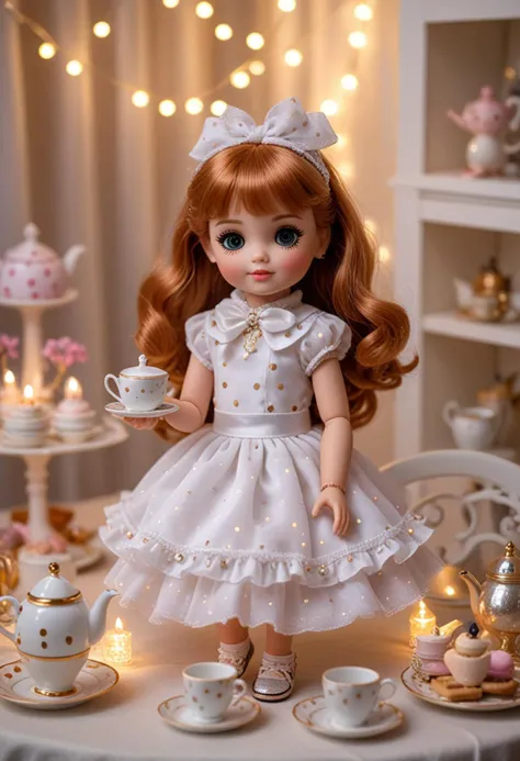 (medium full shot) of (delightful doll) dressed in a white party dress, polka dot shoes, glitter eyeshadow, little scarf, having a tea party, located in a whimsical party, featuring fairy lights, enchanting music, magical games, excited dolls, in the morning, Masterpiece,best quality, photo, realistic, very aesthetic,