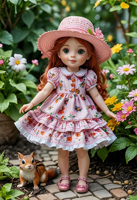 (medium full shot) of (cute doll) dressed in a pink floral dress, striped shoes, cute freckles, stylish hat, posing for a photo, located in a vibrant garden, with lively flowers, colorful plants, playful squirrels, cheerful bees, ,Masterpiece,best quality, photo, realistic, very aesthetic,