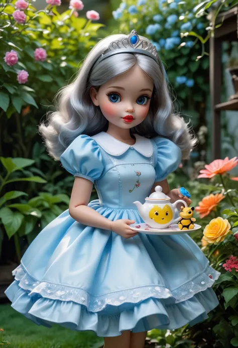 (medium full shot) of (adorable doll) dressed in a blue princess dress, mary janes, glossy lips, carrying a small plush toy, having a tea party, located in a vibrant garden, with lively flowers, colorful plants, playful squirrels, cheerful bees, in the morning, ,Masterpiece,best quality, raw photo, realistic, very aesthetic, dark