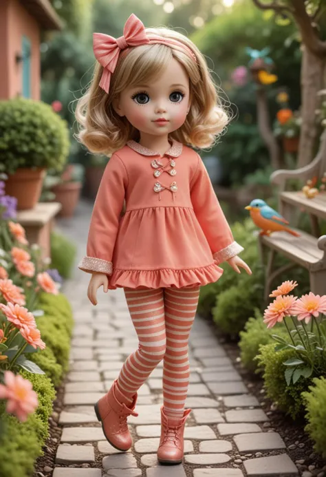 (medium full shot) of (adorable doll) dressed in a coral modern tunic, striped leggings, tiny boots, glitter eyeshadow, matching bow, dancing at a party, located in a quaint garden, featuring quaint pathways, lovely flowers, cozy benches, charming birds, in the morning, Masterpiece,best quality, photo, realistic, very aesthetic,