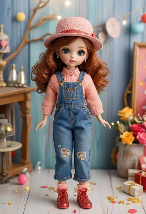(medium full shot) of (delightful doll) dressed in a coral bow-tie top, denim overalls, striped shoes, glitter eyeshadow, woolen hat, posing for a photo, located in a vibrant party, featuring bright decorations, lively music, fun games, dancing dolls, in the afternoon, ,Masterpiece,best quality, photo, realistic, very aesthetic