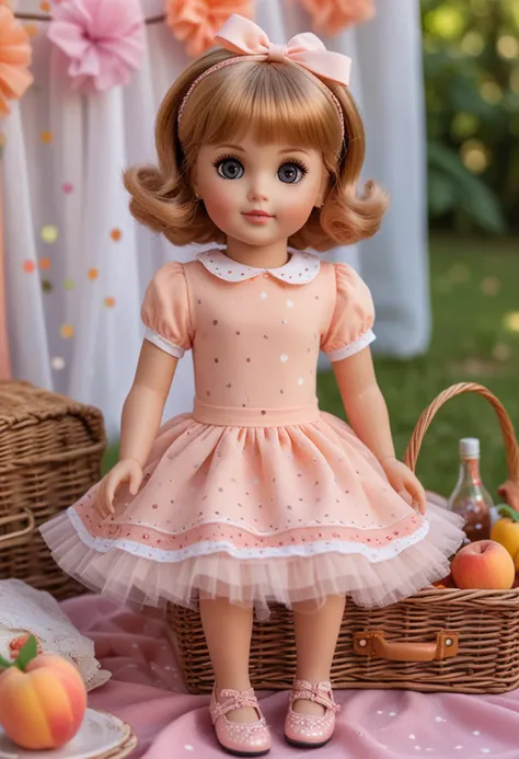 (medium full shot) of (endearing doll) dressed in a peach t-shirt with print, tulle petticoat, polka dot shoes, glitter eyeshadow, matching bow, enjoying a picnic, located in a charming party, with quaint decorations, classic music, timeless games, joyful dolls, in the afternoon, Masterpiece,best quality, photo, realistic, very aesthetic,