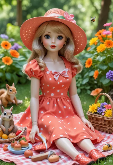 (medium full shot) of (sweet doll) dressed in a coral sun dress, polka dot shoes, glossy lips, sun hat, enjoying a picnic, located in a vibrant garden, with lively flowers, colorful plants, playful squirrels, cheerful bees, in the afternoon, Masterpiece,best quality, photo, realistic, very aesthetic,