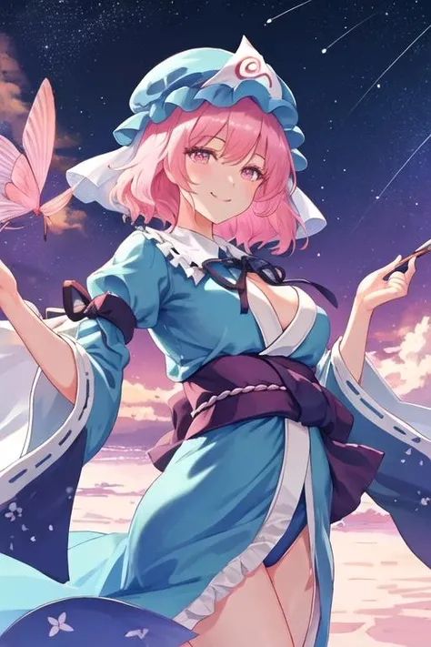 best quality, masterpiece, highres, solo, {night:1.10}, {starry sky:1.10}, beach, beautiful detailed sky, {extremely detailed background:1.20}, {saigyouji_yuyuko_touhou:1.15}, {standing:1.10}, looking at viewer, {:1.30}, pink_hair, triangular_headpiece, hat, short_hair, pink_eyes, mob_cap, blue_headwear, bangs, smile, hair_between_eyes, upper_body, sash, , ribbon, light smile
